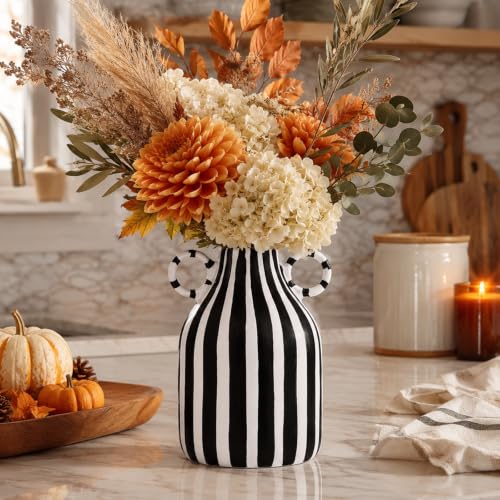 Image of Black and White Striped Ceramic Vase with Double Ring Handles
