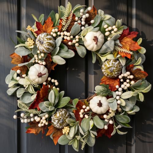Hyndora 24 Inch Fall Wreaths for Front Door, Natural Autumn Pumpkin Wreath, Farmhouse Harvest Decor with White Frosted Pumpkins, Lamb's Ear, Maple Leaves, Fern & Berries for Indoor Outdoor