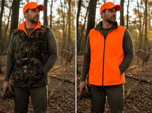Image of Men's Reversible Camo / Buffalo Red Plaid & Orange Fleece Hunting Vest