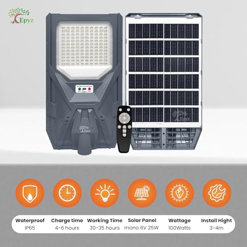 Image of Epyz 100 Watt Solar Street Light Outdoor with Remote and Motion Sensor and Dusk to Dawn for Garden, Street, Lawn [ 120LED, 22000mAh, Pack of 1, Cold White Light ]