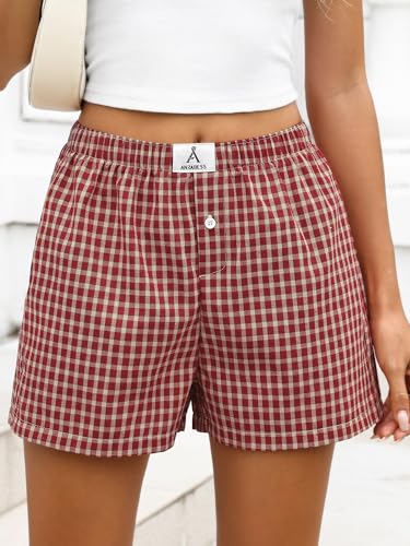 Image of ANRABESS Boxer Shorts for Women Gingham Pajama 2026 Summer Casual Lounge Sleep Plaid Shorts Y2K Beach Bottoms