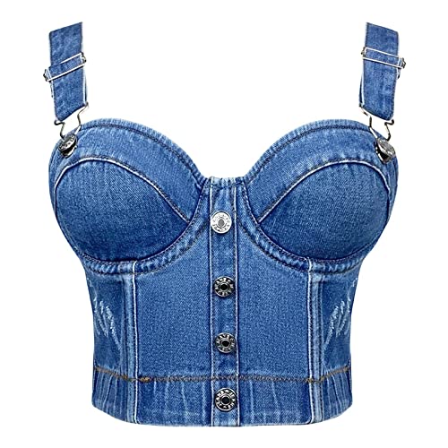 Denim Bra à bretelles et boutons top court en jean moulant pour femmes