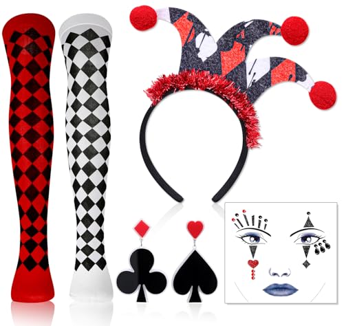 DPKOW Disfarce de rainha de corações acessórios senhora, rainha de corações fita de cabelo leggings brincos rosto tatuagem disfarces carnaval senhoras bobo gorro carnaval fita de cabelo palhaço