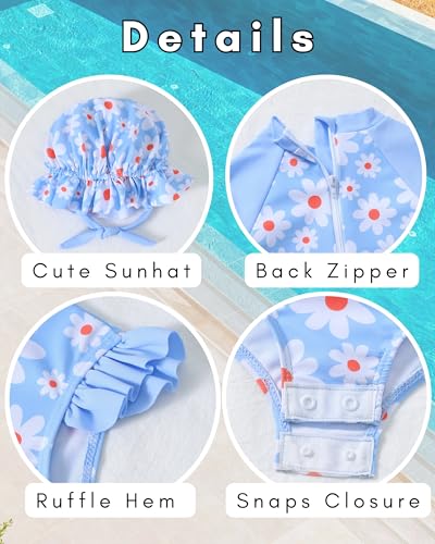 Image of SODLON Baby Girl Swimsuit Long Sleeve One-Piece Infant Bathing Suit 3M-3T