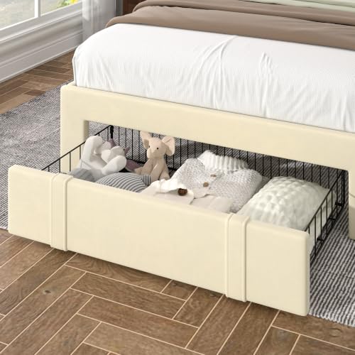 Image of VECELO Twin Size Upholstered Bed Frame with Storage Drawer, Adjustable Velvet Rivet Decor Headboard, Wooden Slats Platform Support, No Box Spring Needed, Easy Assembly,Beige