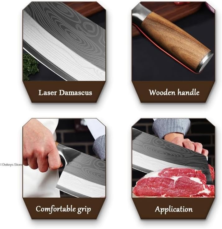 Meat Cleaver,Cleaver Knife 7.8 Inch Professional Japanese Kitchen Knife Laser Damascus Knives 4cr13 Stainless Steel Butcher Cleaver Knife Meat Fish Chef Knife