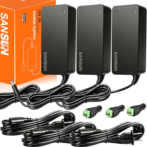 Image of 12V 5A Power Supply, AC 120V to DC12V 5.5x2.1mm Jack Converter, 12 Volt LED Driver 60W Adapter Transformer for Strip Lights, Surveillance Cameras, External HDD, Monitor, CCTV (Pack of 3)