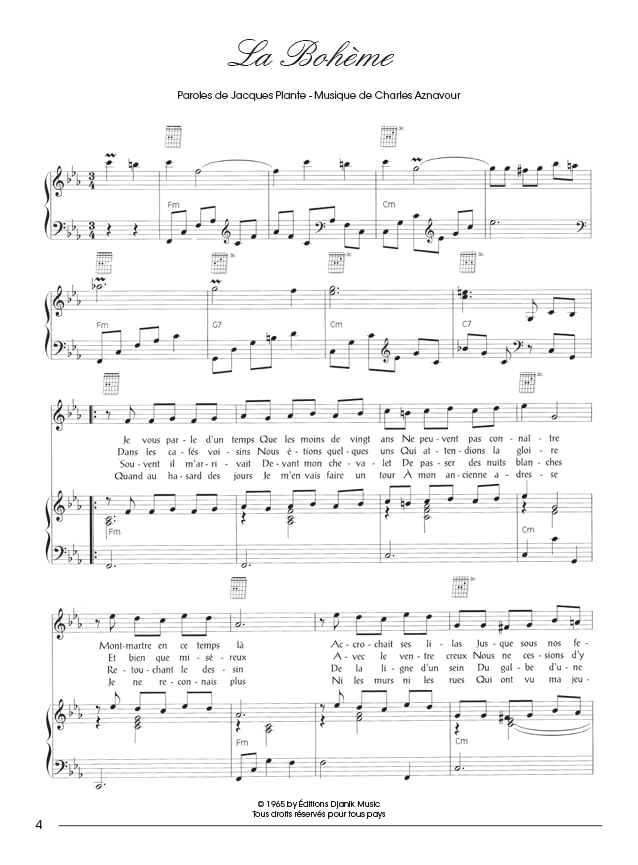 Charles Aznavour : Livre d'Or . Piano, Voix & Guitare.