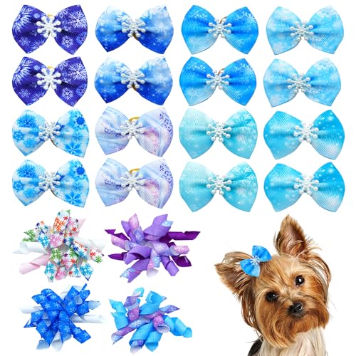 JpGdn 20Pcs/10Pairs Dog Hair Bows Winter with Rubber Band Snow Pattern for Cat Rabbit Puppy Poodle Top Knot Elastic Hair Bowknot Grooming Accessories Attachment