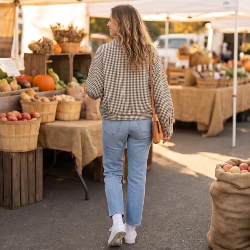 Plaid Bomber Jacket Women Oversized Cropped Funnel Neck Gingham Jacket - image 8