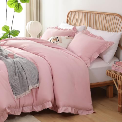 Image of JANZAA Baby Pink Comforter Set Twin - Soft Microfiber, Lightweight All Season Bedding, Ruffle Shabby Chic Aesthetic, Breathable Cozy Bed Set with 1 Pillow Shams, Machine Washable