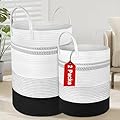 2 Pack Large Tall Rope Laundry Baskets, Cotton Laundry Hamper, Dirty Clothes Hampers Woven Basket, Blanket Basket Storage for Living Room, Dirty Clothes Baskets for Bedroom, Baby Room, 58L&28L Black