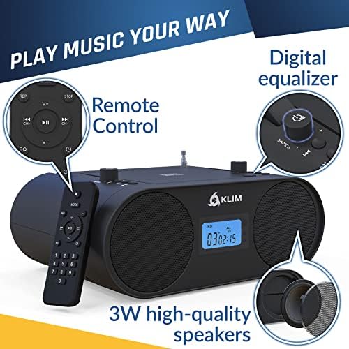 KLIM B4 Portable CD player + AM/FM Radio CD Player MP3, Bluetooth, AUX, USB + CD Boombox + Wired/Wireless mode, Rechargeable Battery + Remote Control, Autosleep, Digital EQ + NEW 2022