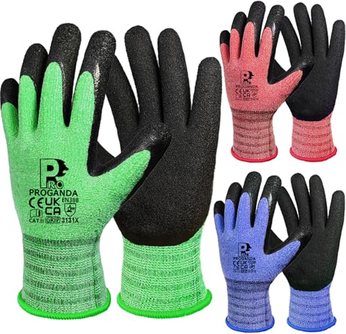 PROGANDA 3 Pairs Gardening Gloves for Men Women Superior Grip Latex Coating Work Gloves Colourful Comfortable Breathable Lightweight Garden Construction Car Outdoor
