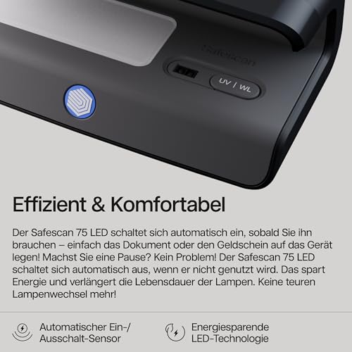 Safescan 75 LED Geldscheinprüfgerät mit ultrastarkem UV- & Weißlicht - Falschgeldprüfgerät für Banknoten, Kreditkarten & Ausweise - Geldprüfer mit dreifacher Erkennung - Geldprüfmaschine