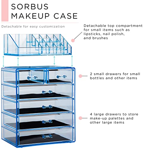 Image of Sorbus Acrylic Makeup Organizer Set, 6-Drawer Vanity & Countertop Cosmetic Storage with Small & Wide Compartments, Blue Brilliance Makeup Storage for Brushes, Jewelry - Holiday Gift for Women & Teens