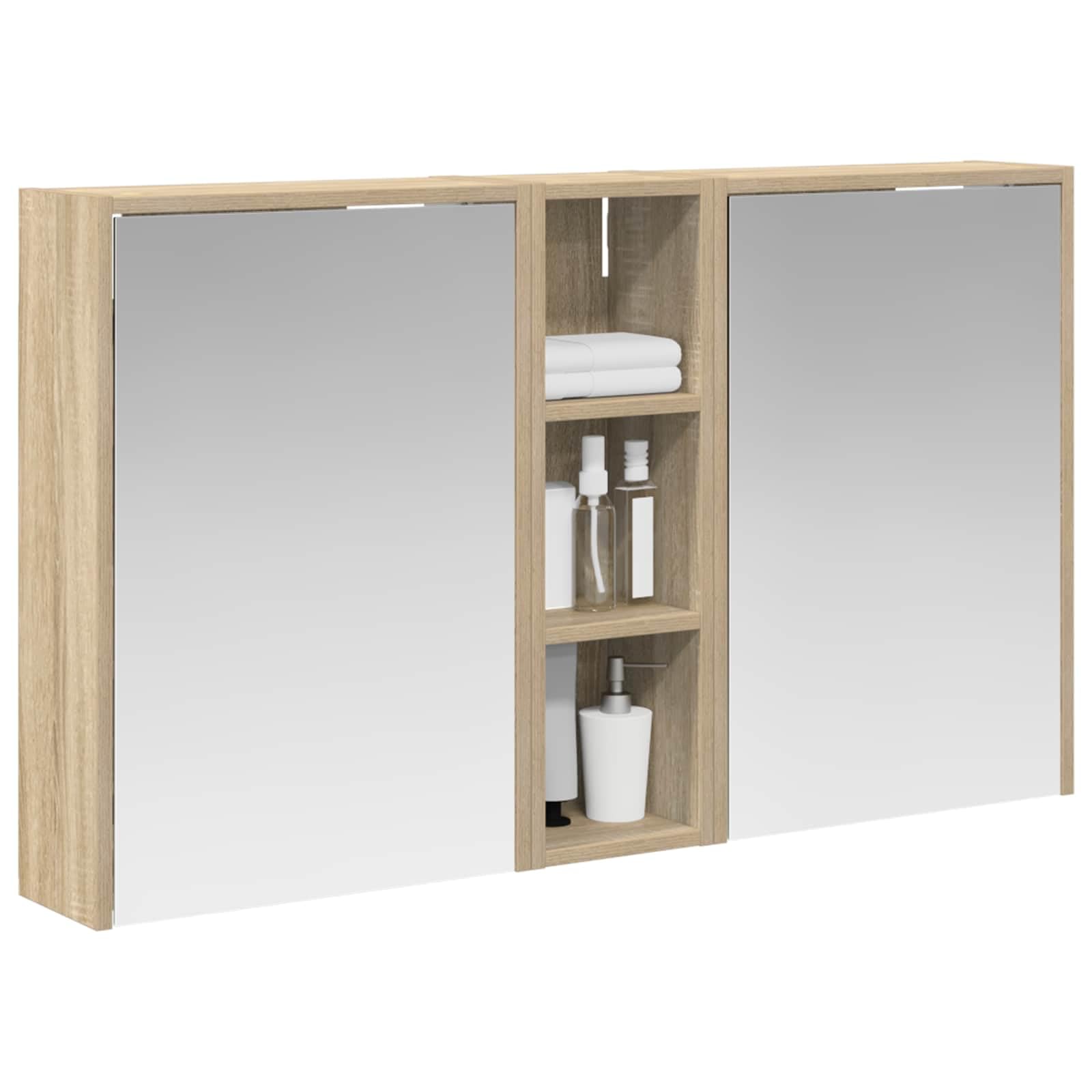 Set di 3 armadietti da bagno, in legno, 106 x 16 x 62,5 cm, con illuminazione a LED, montaggio a parete, vano portaoggetti e specchio bidirezionale, per mobili da bagno, mobiletto sottolavabo