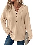 Dokotoo Sweatshirt for Women Oversized Waffle Knit Hoodies Drawstring Button V Neck Long Sleeve Casual Loose Lightweight Soft Comfy Warm Pullover Sweatshirts Hoodie Tops Plus Size Apricot Small