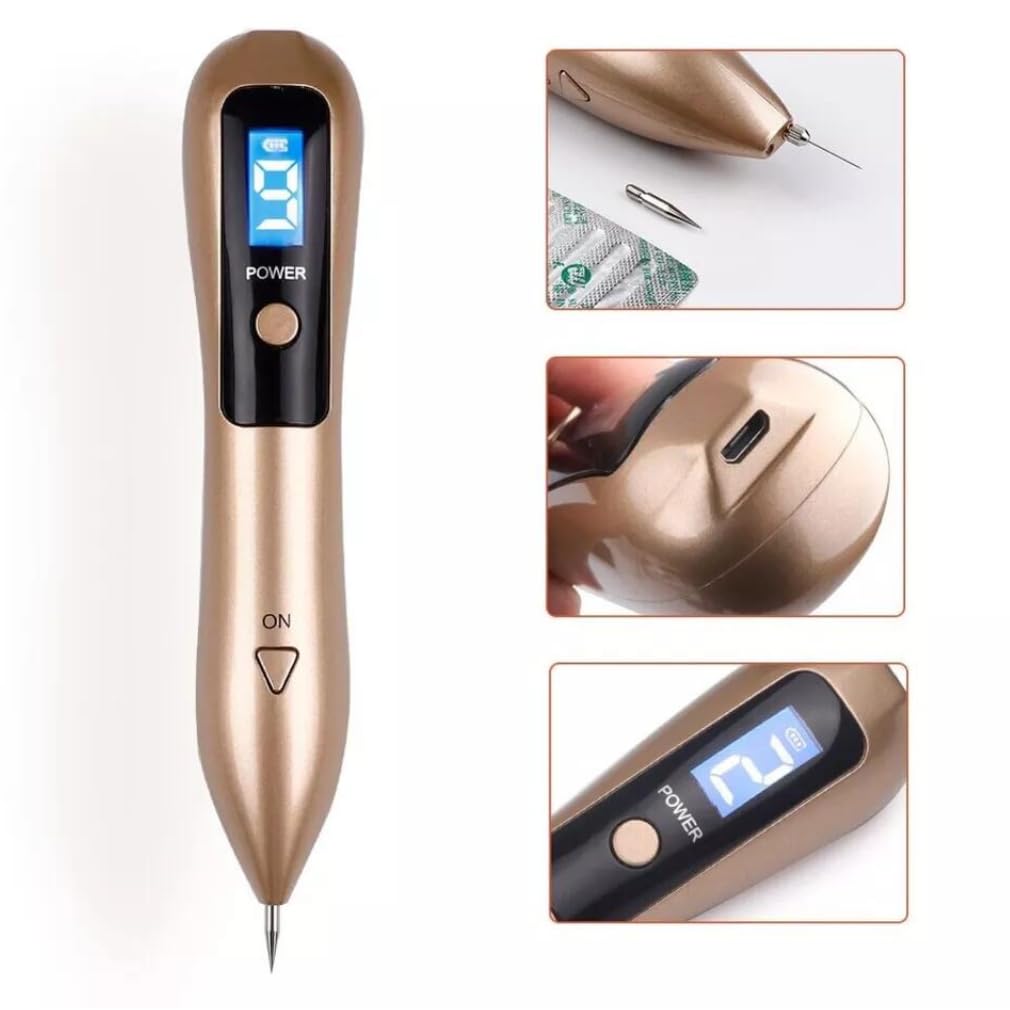 Elektrischer Plasma-Entfernungsstift, 9 Geschwindigkeiten, verstellbar, für Haut, Warzen, Tattoo, dunkle Flecken, Sommersprossen, Nävus-Entferner (Gold)