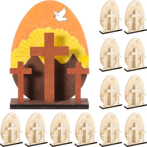 Blueweenly 12 Sets Easter Crafts for Kids Religious - He is Risen Wood Cross DIY Kit for Sunday School, Classroom, Church Events - Bible Bulk Gifts for Creating Table Display
