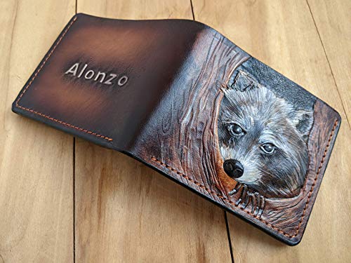 Hunting, Raccoon, Coonhunters, Coon Hunter, Men's 3D Genuine Leather Wallet, Handmade wallet, Carved wallet, Tooled wallet, Airbrush Art, Bifold wallet, Custom wallet, Personalized wallet, A(19)2