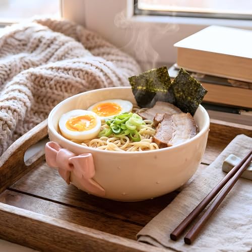 Image of Handmade Aesthetic Ceramic Bowl with 3D Pink Bow, 450ml Cute Breakfast Bowl for Cereal, Soup, Noodles, Desserts, Food-Safe Premium Ceramic Adorable Kawaii Bowl