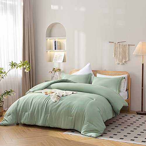 Janzaa Queen Comforter Set Sage Green Comforter 7Pc Comforter Set Queen Bed In A Bag Solid Color All Season Soft Bedding Sets With Comforter, Pillow Shams, Flat Sheet, Fitted Sheet And Pillowcases #TOP1