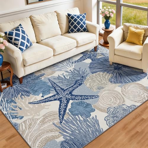 Tapis de salon moderne antidérapant et lavable bleu et blanc - 4