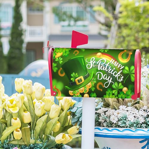 Image of Happy St. Patrick's Day Shamrock Clovers Rainbow Green Hat Mailbox Cover - Magnetic, Standard Size 18 inch X 21 inch
