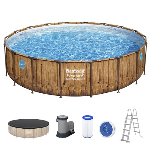 Bestway Power Steel Swim Vista Series Frame Pool Komplett-Set mit Filterpumpe Ø 549 x 122 cm, Holz-Optik (Pinie), rund