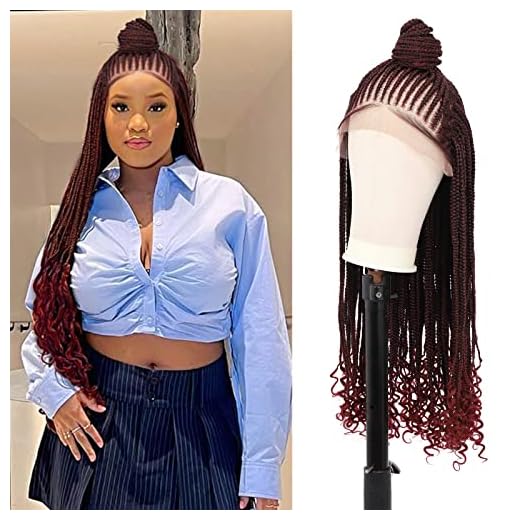 Brinbea 26" Box Braided Wigs with Boho Curly Ends 13x5 Lace Front Braided Wigs with Updo Bun Mix Black Burgundy Premium Synthetic Braid Wigs with Baby Hair for Women