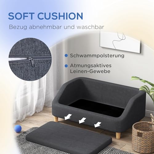 PawHut Hundesofa, Haustiersofa Katzensofa Hundebett für mittelgroße und große Hunde, Hundecouch mit Erhöhtem Design, Hundesessel mit Holzbeine, Dunkelgrau, 95 x 63 x 39 cm