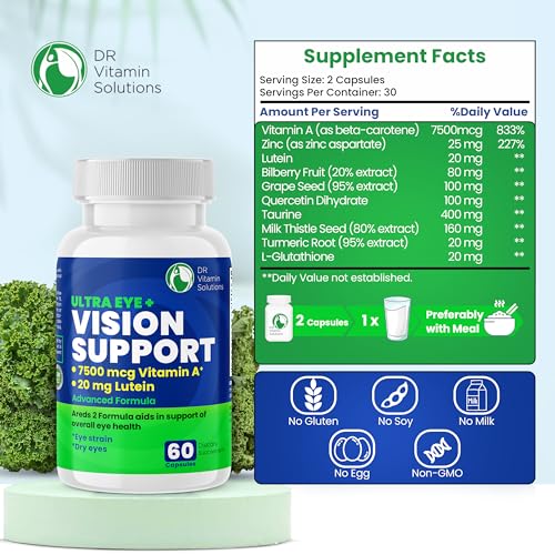 DR VITAMIN SOLUTIONS Vision Support Eye Vitamins for Macular Health | Supplements with Lutein, Zinc, Vitamin A & Bilberry | Areds 2 Formula for Red & Dry Eyes, Sight Care (1 Bottle, 60 Capsules)