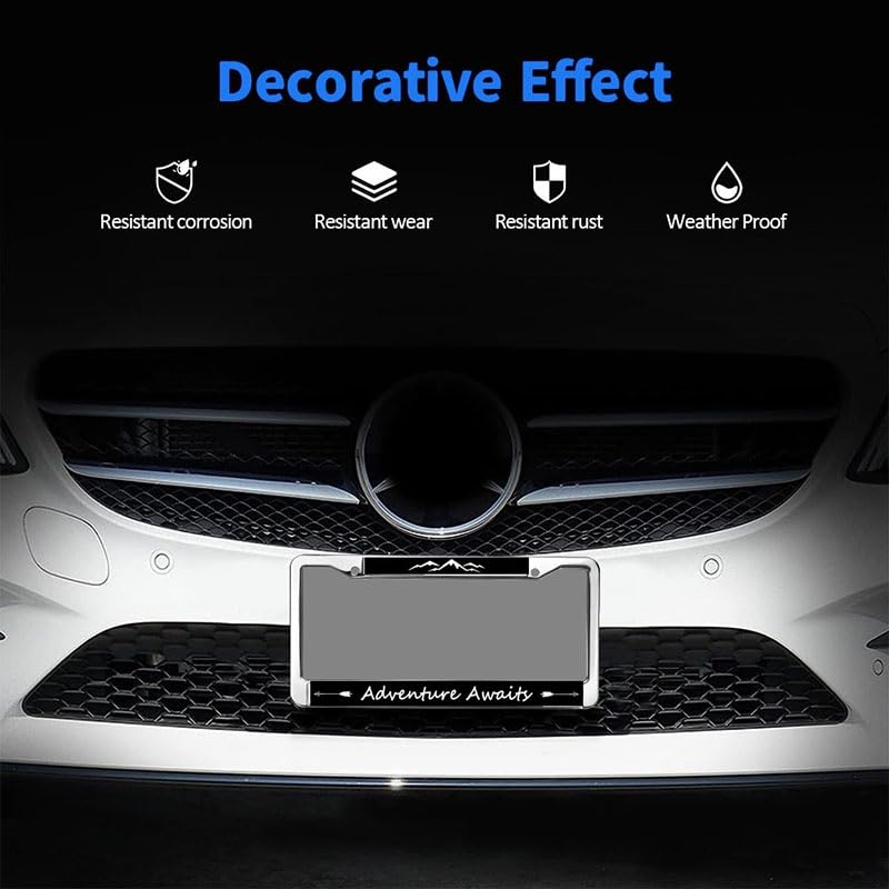 Image of Adventure Awaits Mountain License Plate Frame, Black Metal Auto Tag Cover | Express your love for outdoor adventure with this durable metal mountain license frame, weather-resistant to last.