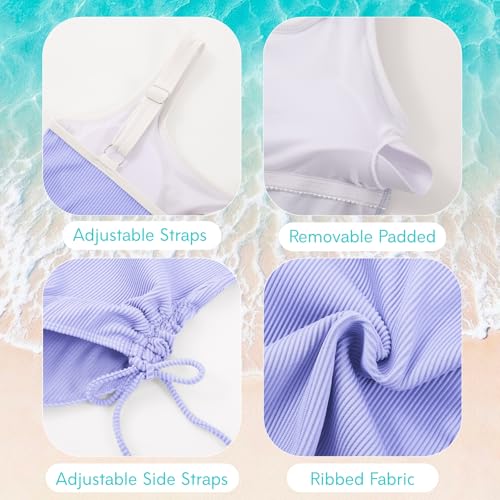 Image of Weixinbuy Girls Swimsuit Ribbed Bathing Suit for Girls Adjustable Strap Color Block Summer Beach One Piece Swimsuit