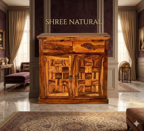 Image of Solid Sheesham Wood Multipurpose Sideboard Storage Cabinet with 2 Drawers & 2 Door for Home | Kitchen Cabinet for Living Room Furniture (Honey)