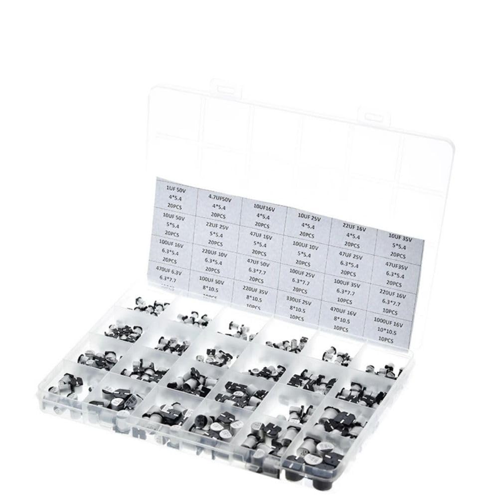 400PCS Electrolytic Capacitors 24 Values SMD Bypass Low Frequency Aluminum Electrolytic Capacitors Assortment Kit Box 1uF - 1000uF