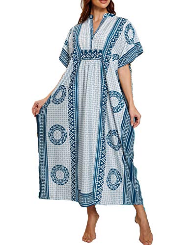 Bsubseach Women Turkish Loose Bathing Suit Cover Ups Short Sleeve Swimwear Beach Caftan Dress Blue