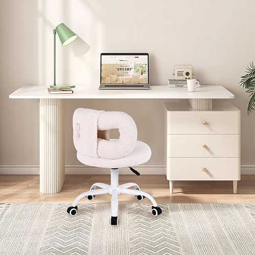 Image of Modern Faux Cashmere Home Office Chair, Height Adjustable Desk Chair with Back and Wheels for Living Room, Swivel Make-up Vanity Armless Chairs for Girls and Women (1, Cream)
