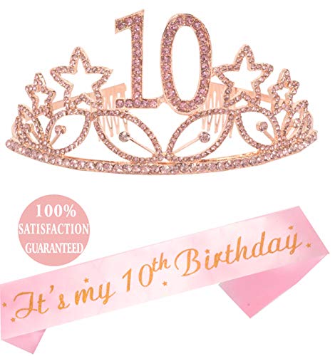 10th Birthday Gifts for Girl, Birthday Tiara and Sash Pink, Happy 10th Birthday Party Supplies, 10 & Fabulous Glitter Satin Sash and Crystal Tiara Birthday Crown for 10th Birthday Party Supplies