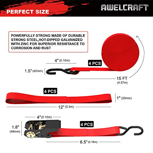 Awelcraft XH-AZ2001 Ratchet Straps, 1500 Lbs Breaking Strength - Premium 4X 15Ft Tie Down Strap Set thumb #1