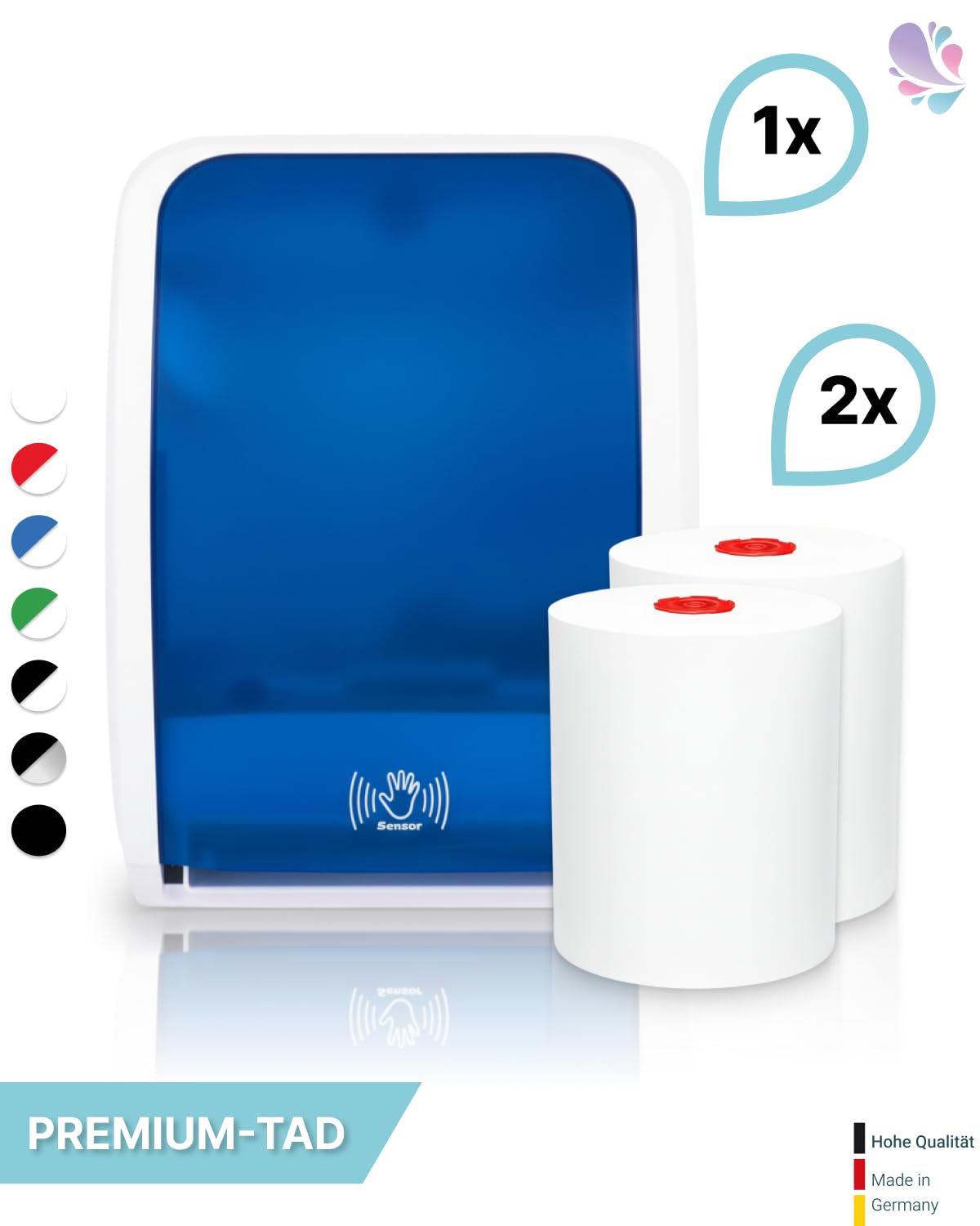 Set Cosmos Sensor Blau-Weiß + 2 Premium TAD Rollen | Berührungsloser Betrieb, Netz- o. Batteriebetrieb, inkl. 2 Premium TAD Rollen aus Zellstoff