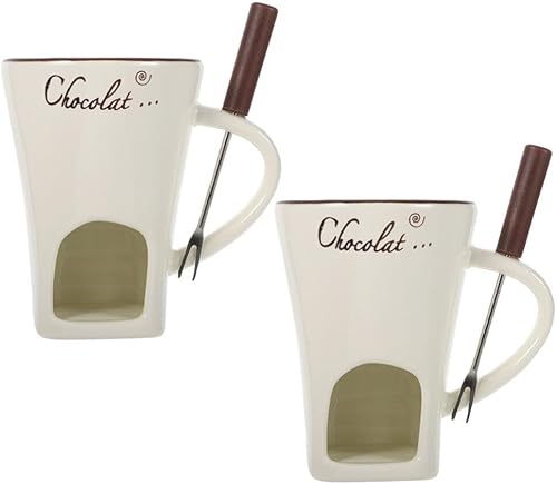 Luxshiny Juego de 2 tazas de cerámica para fondue personal con tenedor para derretir queso, chocolate, mantequilla, caramelo