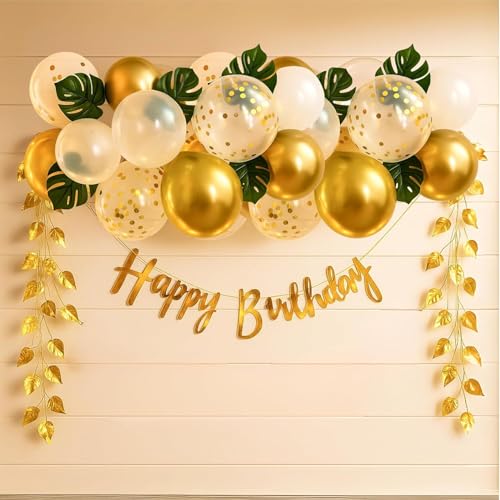 Image of Golden Birthday Decoration Set Happy Birthday Decoration Kit With Golden Balloons & Artificial Green Leaves Vine Creeper & Confetti Balloons And HBD Banner (birthday kit)