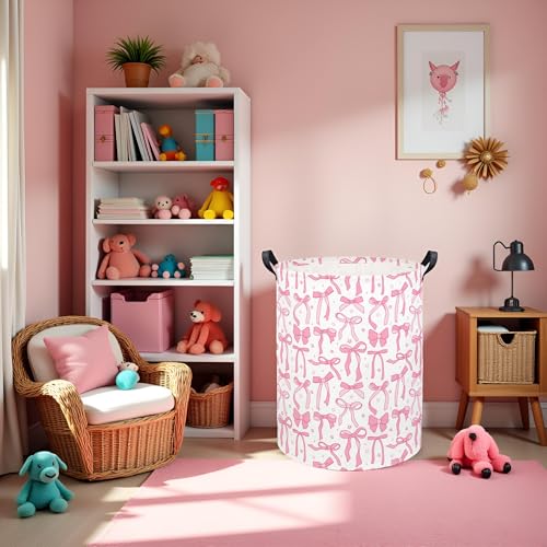 Image of Baby Laundry Basket Kids Hamper Toy Storage Bin for Boys Room Decor Baby Nursery Hamper Gift Baskets for Bedroom Bathroom(Pink Bowknot)
