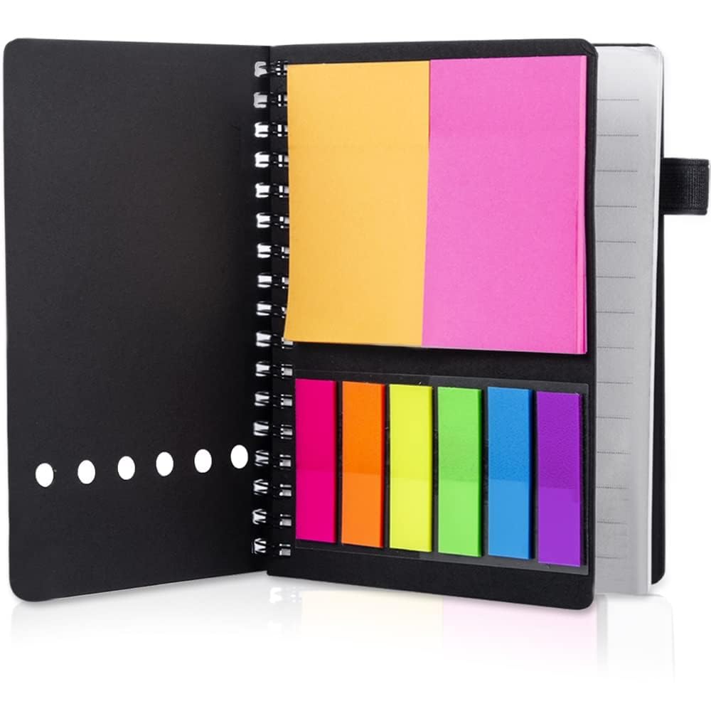 AGPTEK Carnet à Spirale avec Notes Colorées, Bloc Note Couverture Kraft, Cahier Spirale avec Porte-Stylo, Notes Autocollantes pour Étude et Bureau Noir