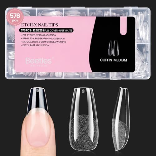 Image of Beetles Gel Nail Tips Medium Coffin 576PCS Etch X Nail Tips, 12 Sizes Pre Shaped Half Matte Press On Nails Full Cover False Nails Acrylic Nails Glue on Nails Extensions Set for Women Home DIY