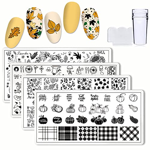 4 Pcs Fall Nail Stamping Plates with 1 Stamper 1 Scraper Stamp Template Kit Thanksgiving Maple Leaves Nail Art Templates Pumpkin Turkey Nail Stamper Stencil Plates Set Manicure Nail Supplies