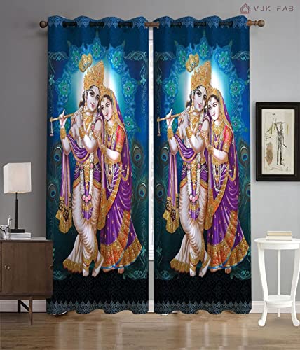 Image of Heavy Fabric Digital Printed Radha Krishna Parde for Mandir Pooja Room Temple Home, 4x9 feet Long Curtains Set of 1 Pc, Blue