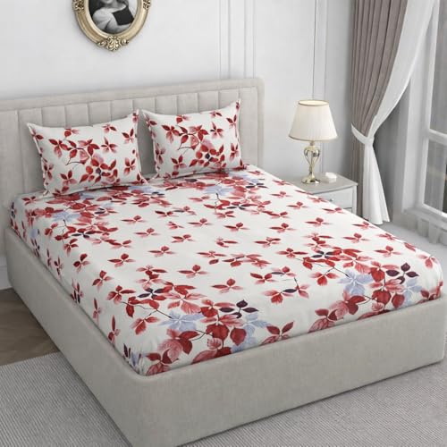 Image of 350 TC Premium Heavy Cotton Feel Elastic Fitted Bedsheet Queen Size with 2 Pillow Covers || Double Bed with All Around Elastic (White Flower, Fitted -60x78 Queen)